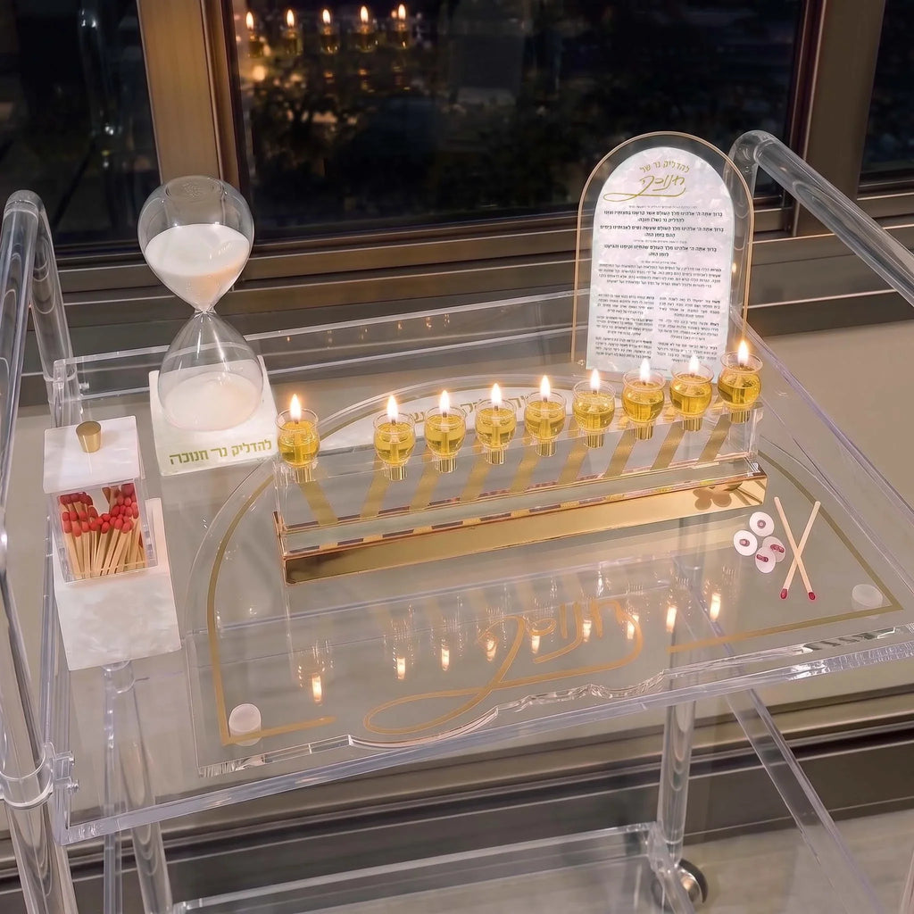 Pearl Marble Chanukah set. Tray, tabletop, sand timer, and match holder.