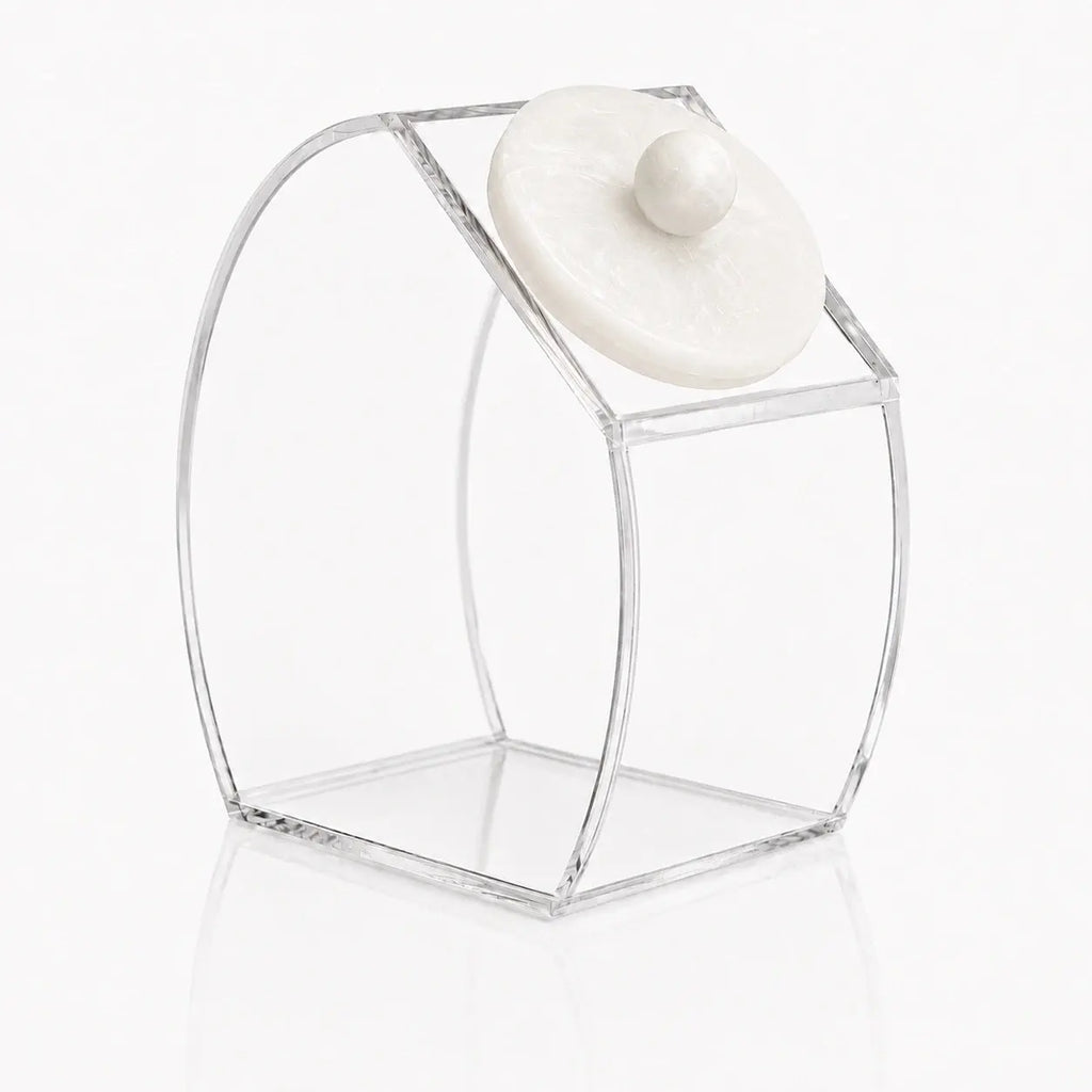 Clear acrylic cookie jar with a pearl-white marbled silver resin lid and rounded knob, styled for a modern kitchen counter.