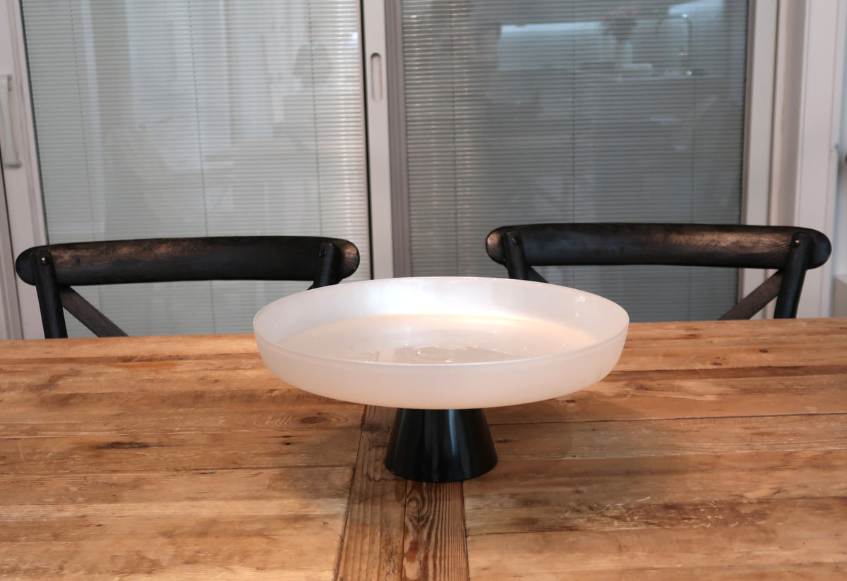White Glass Cake Plate on Black Stem