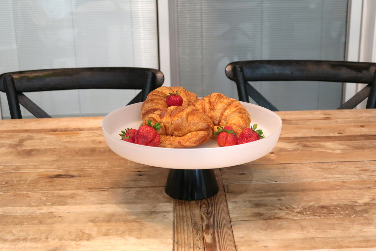 White Glass Cake Plate on Black Stem
