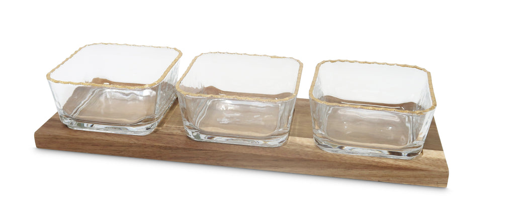 3 Bowl Relish Dish Wooden Base