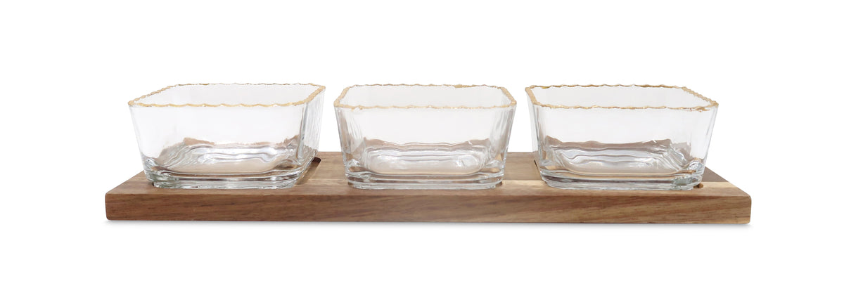 3 Bowl Relish Dish Wooden Base