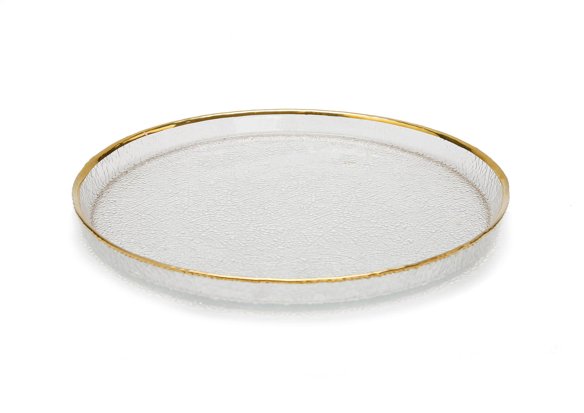 Set of 4 Pebbled Glass Salad Plates Raised Rim with Gold Border