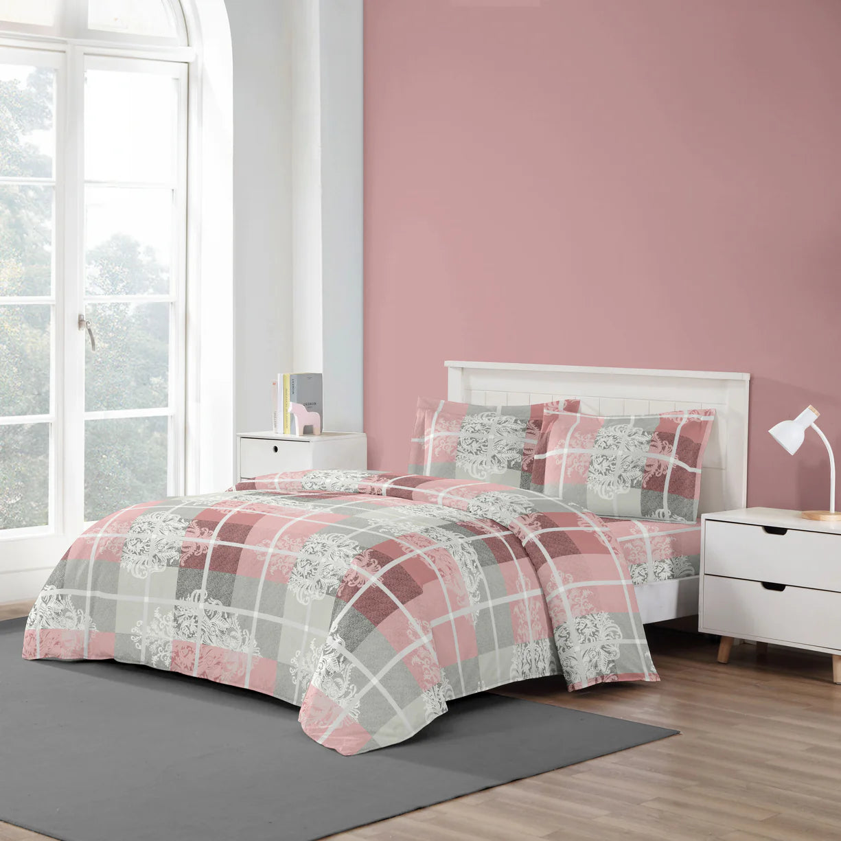 Casual Plaid Pink Duvet Cover Bedding Set