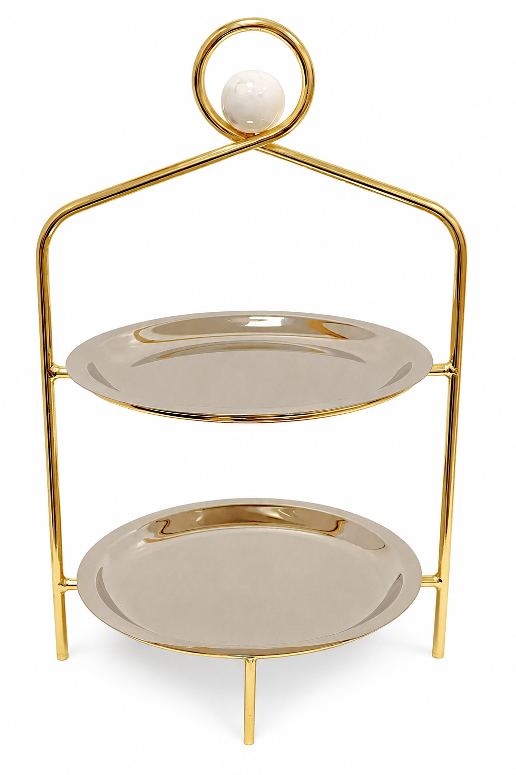 Silver 2 Tier Stand with Gold Frame and Ball Design - 16.5"H