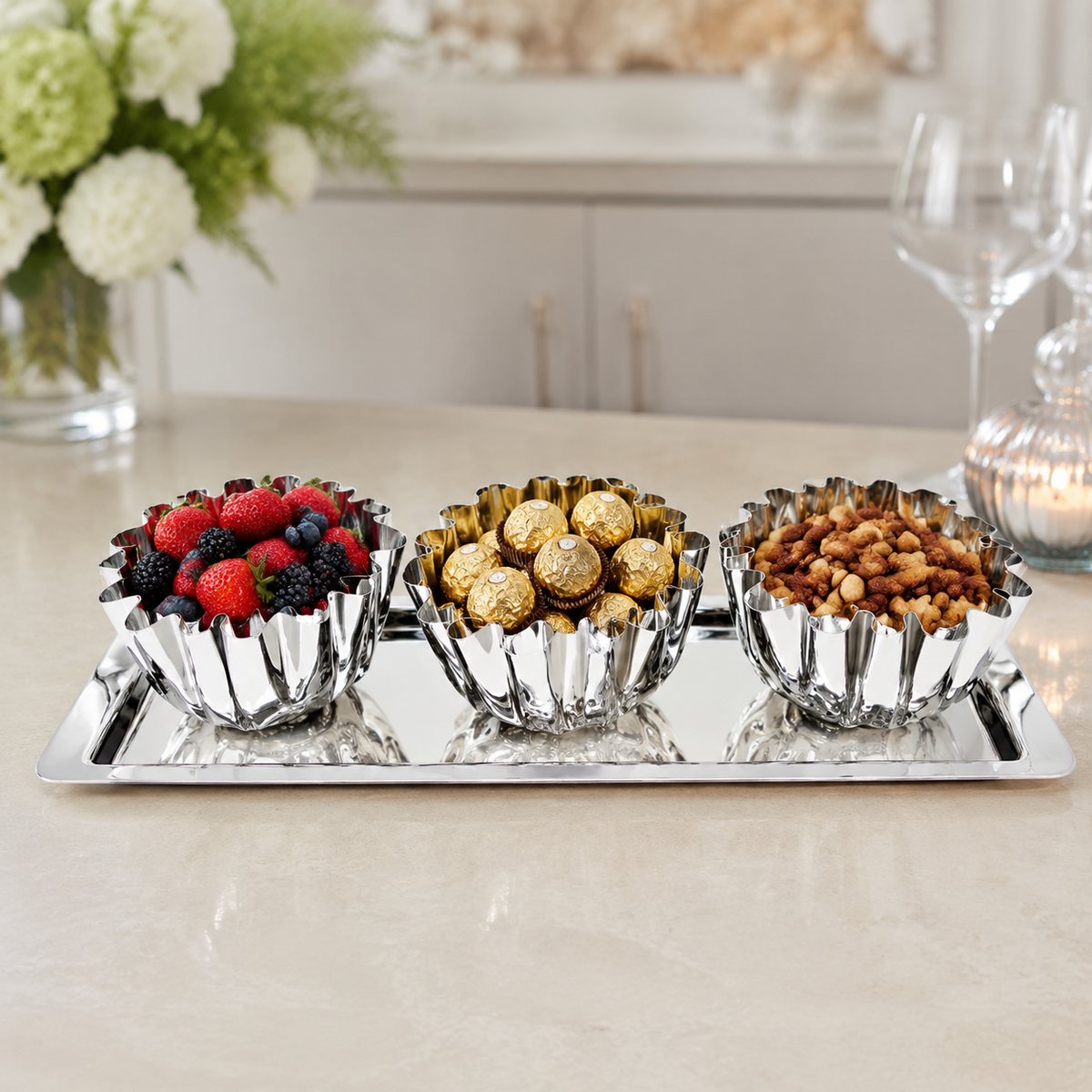 3 Bowl Stainless Steel Relish Dish on Tray, 17.25"L