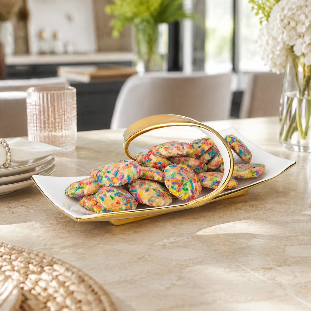 White Porcelain Double Snack Bowl with Gold