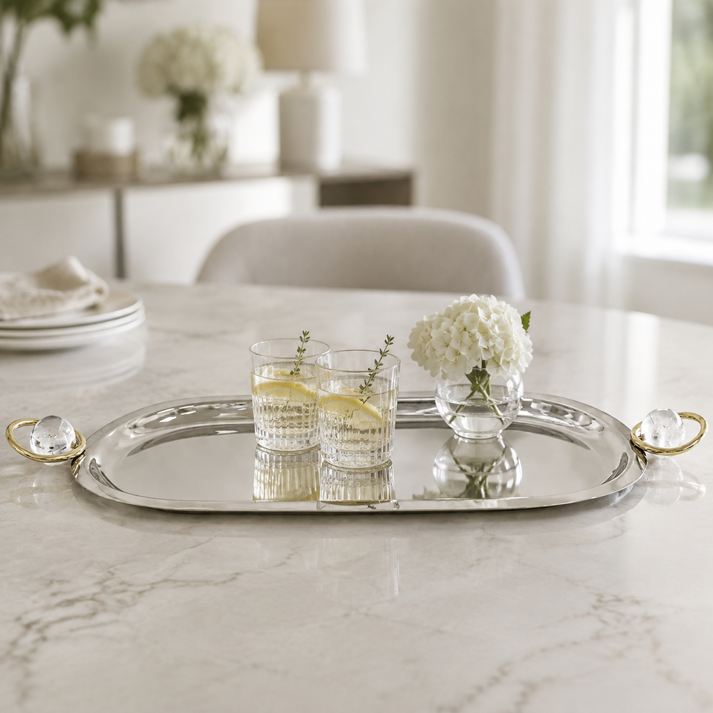 Oval Tray with Ball and Gold Ring Handles - 23.2"