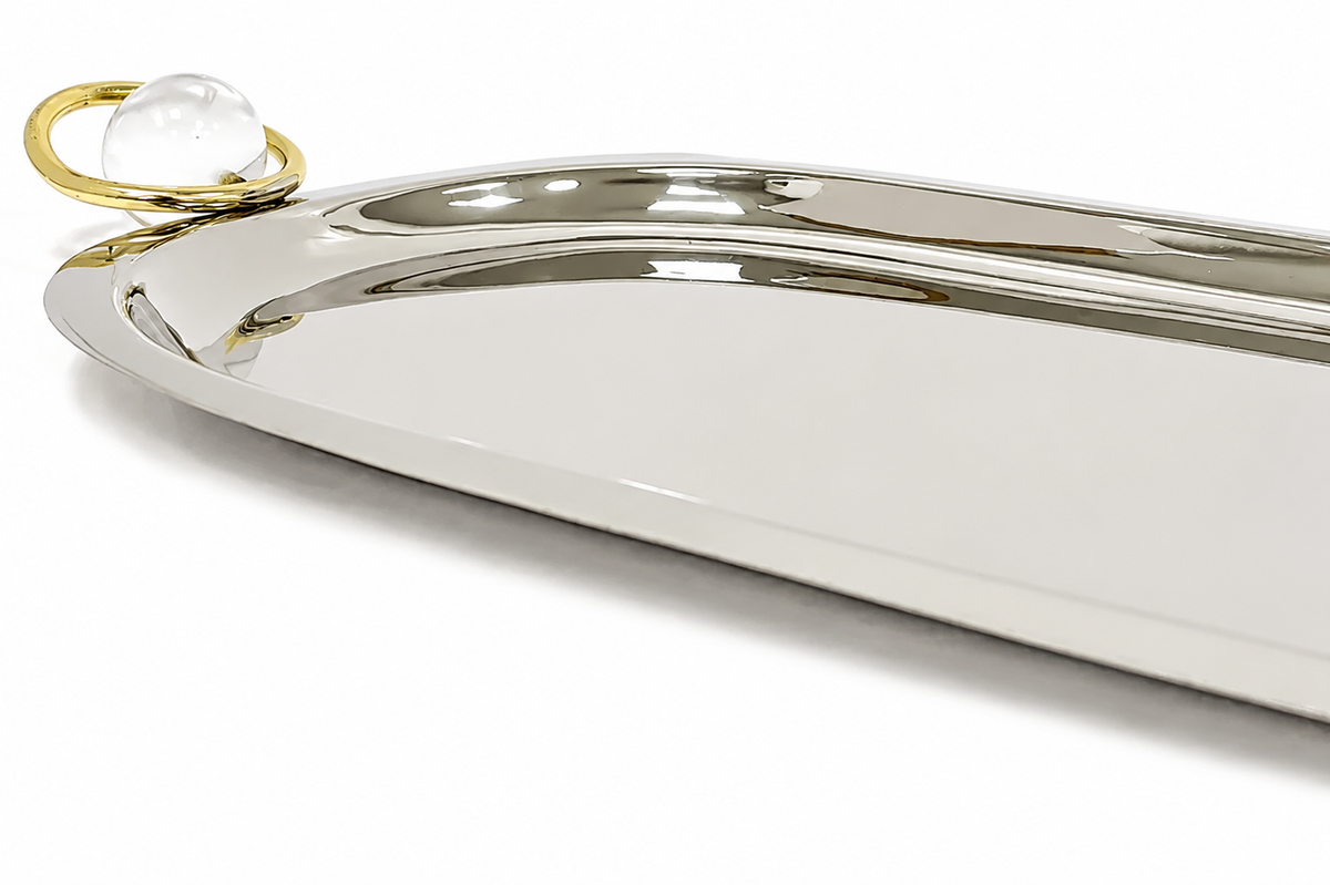 Oval Tray with Ball and Gold Ring Handles - 23.2"