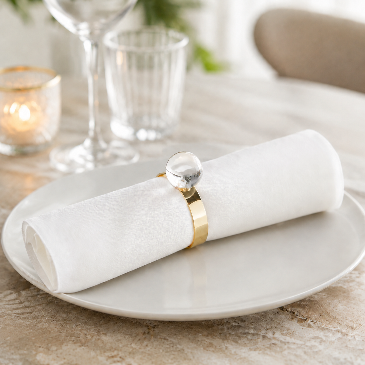 S/4 Napkin Rings Gold with Clear Ball Detail - 2"