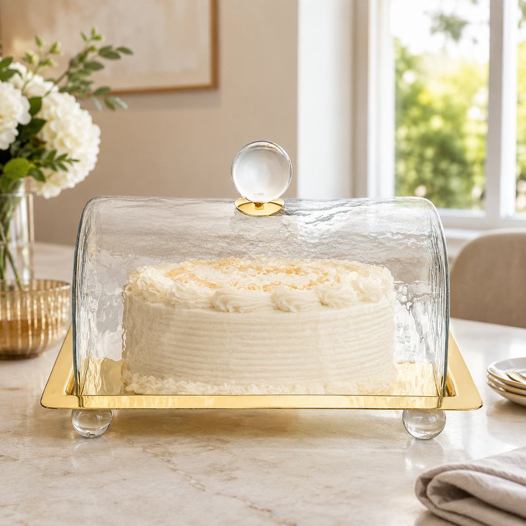 Rectangle Cake Dome Gold with Ball Knob - 10.2"L