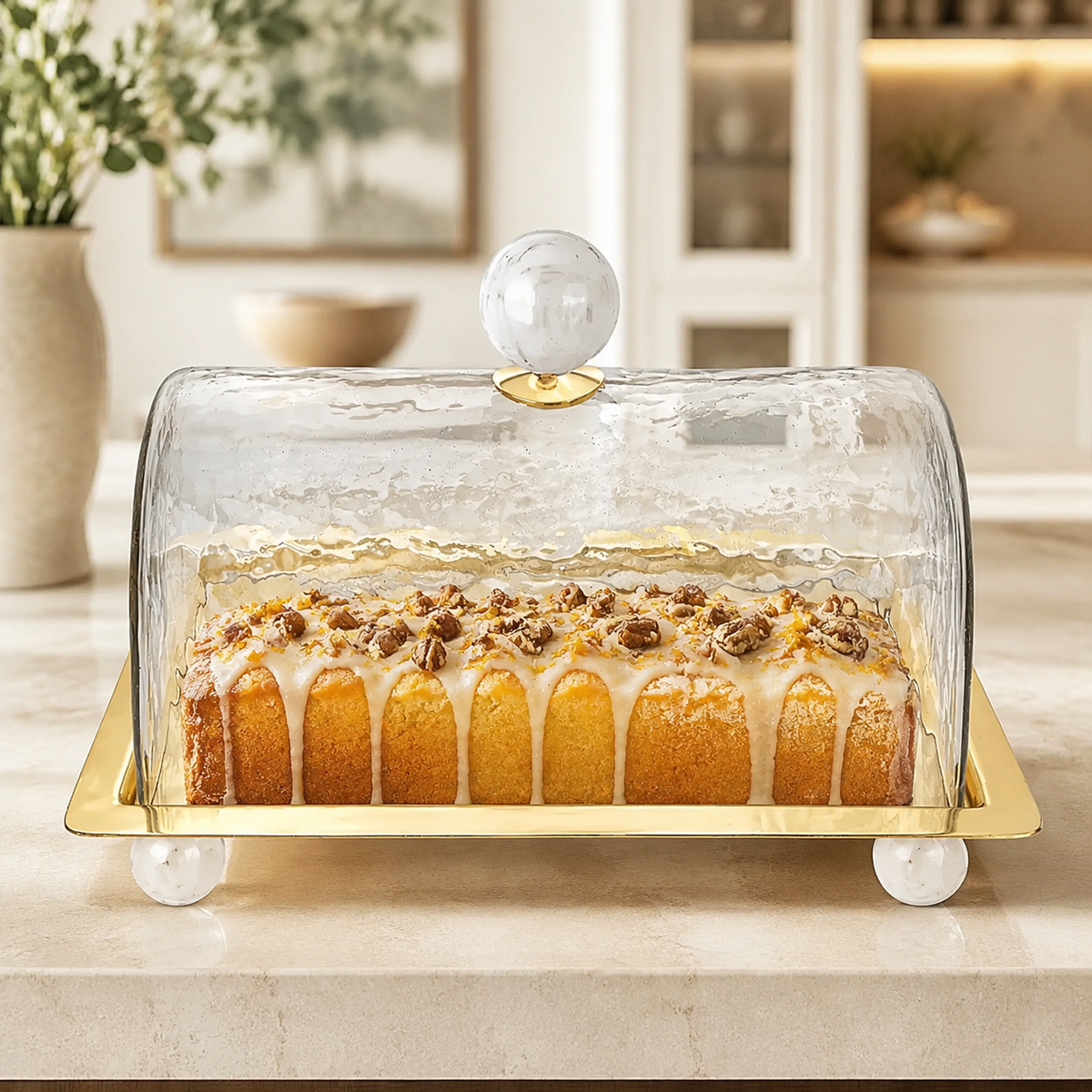 Rectangle Cake Dome Gold with Ball Knob - 10.2"L