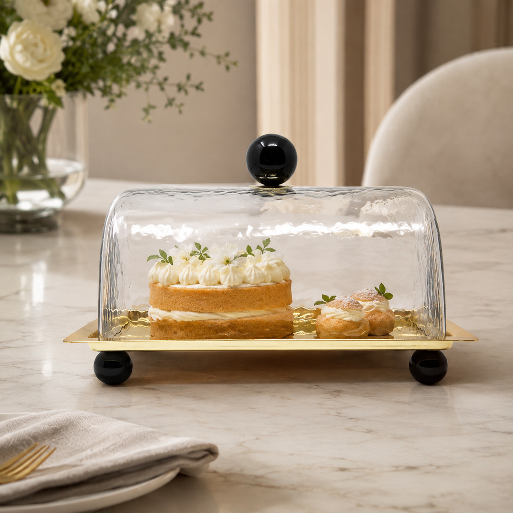 Rectangle Cake Dome Gold with Ball Knob - 10.2"L