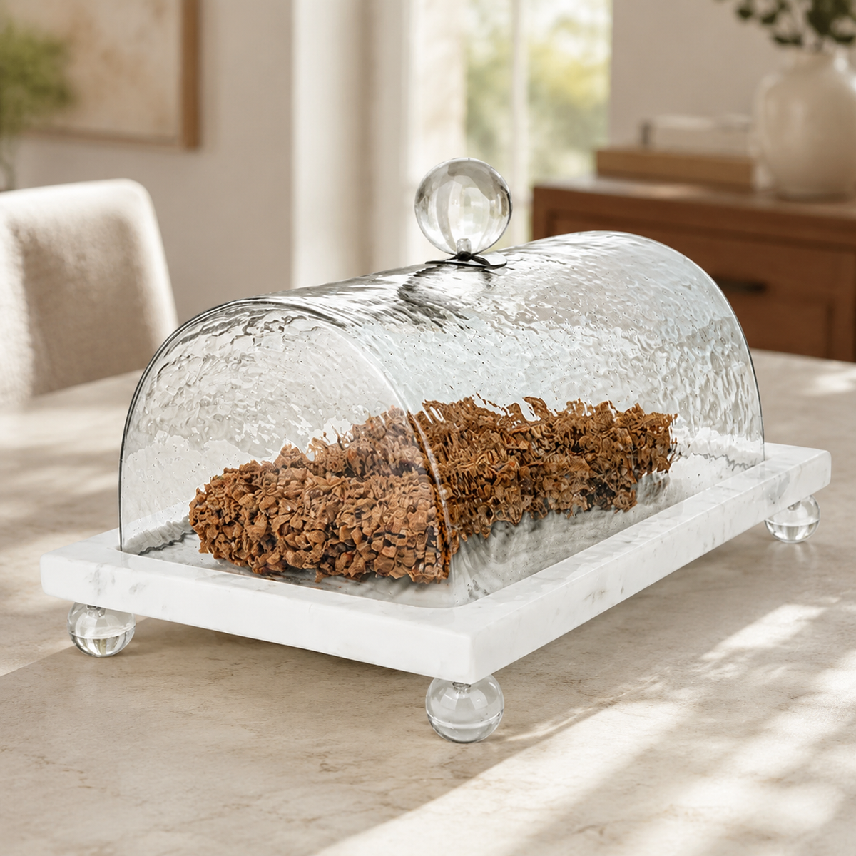 Marble Cake Plater with Glass Cover and Ball Knob - 10.4"L