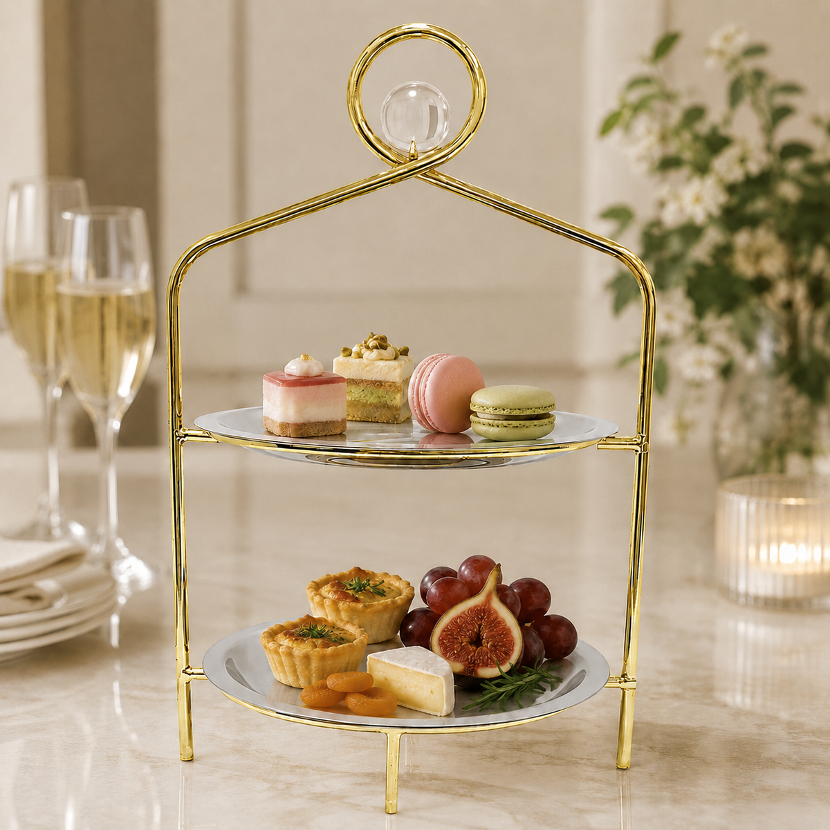 Silver 2 Tier Stand with Gold Frame and Ball Design - 16.5"H