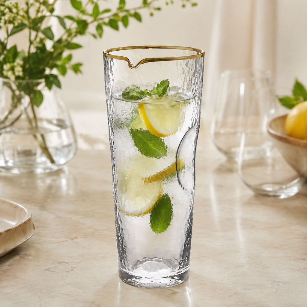 Pebble Glass Water Pitcher with Gold Rim