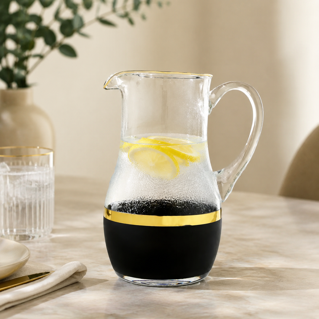 Glass Pitcher with Black and Gold Design