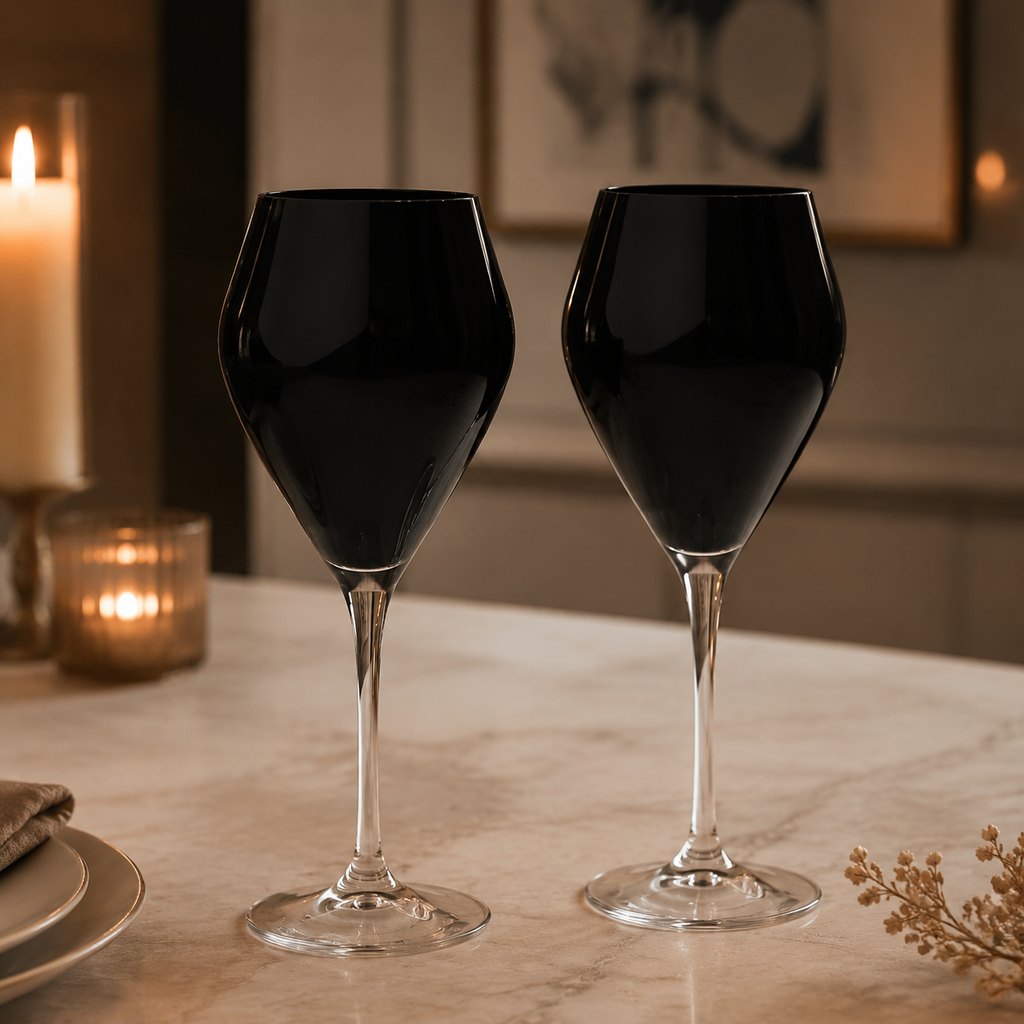 Set of 6 Black V-Shaped Water Glasses with Clear Stem