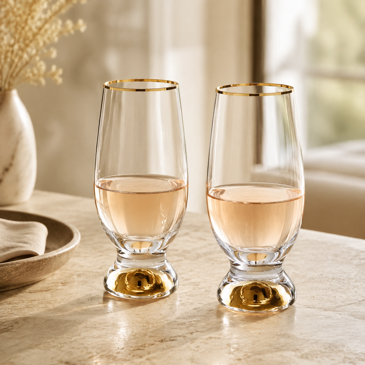 Set Of 6 Goblets With Gold Stem And Rim