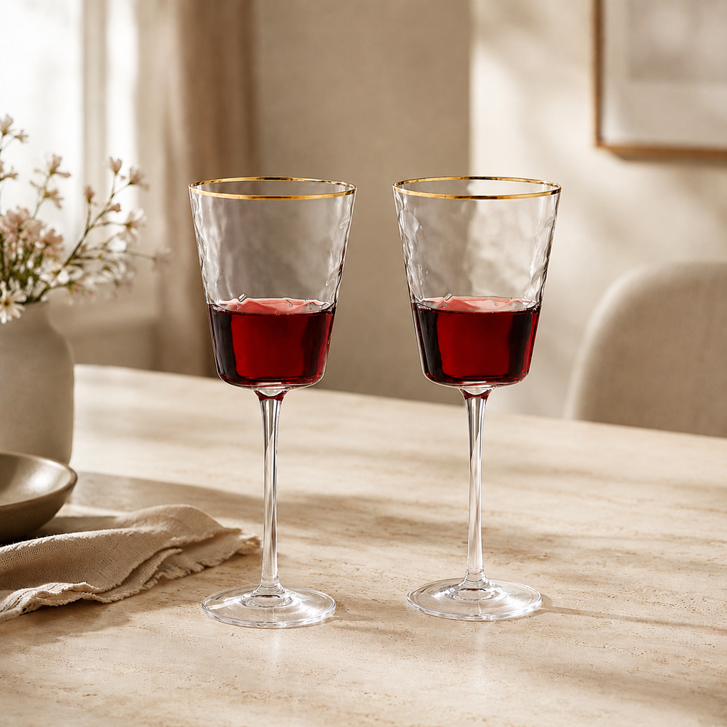 Set of 6 Pebble Glass Wine Glasses with Gold Rim