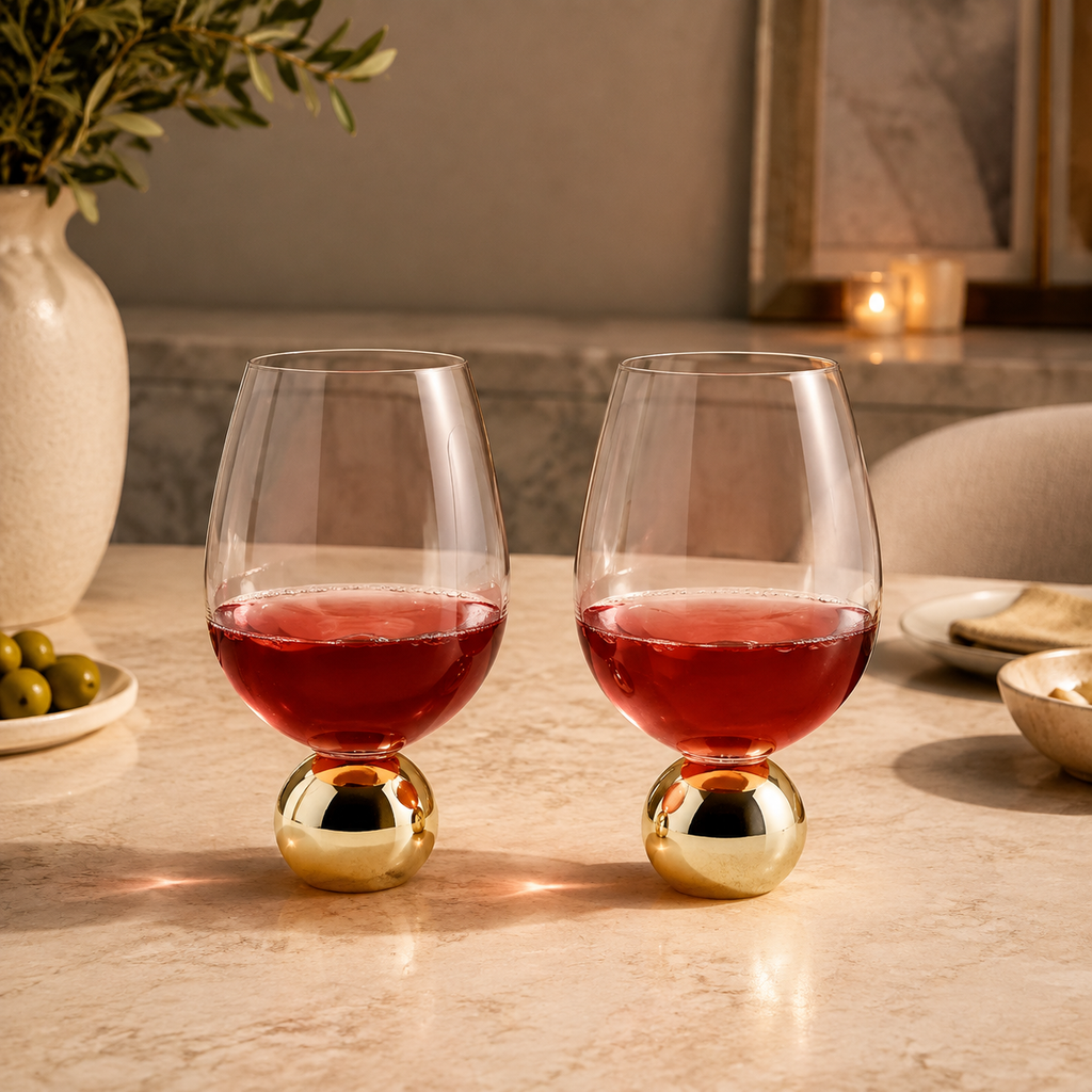 Set of 6 Wine Glasses on Gold Ball Pedestal
