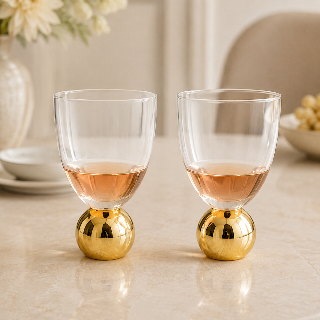 Set of 6 Small Wine Glasses on Gold Ball Pedestal