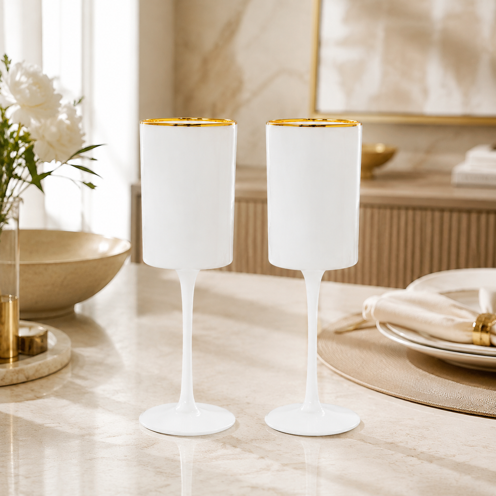 Set of 6 White Square Shaped Glasses with Gold Rim