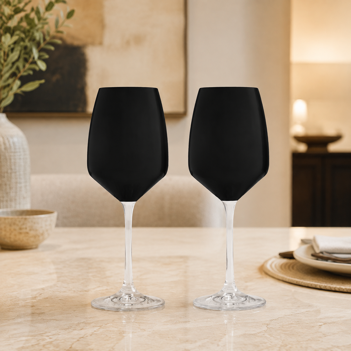 Set of 6 Black Wine Glasses with Clear Stem