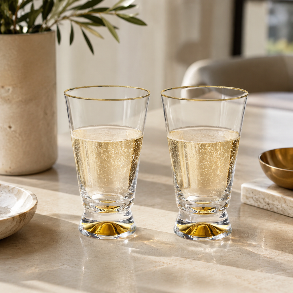 Set Of 6 Tumblers With Gold Base And Rim - 3.5"D X 6"H