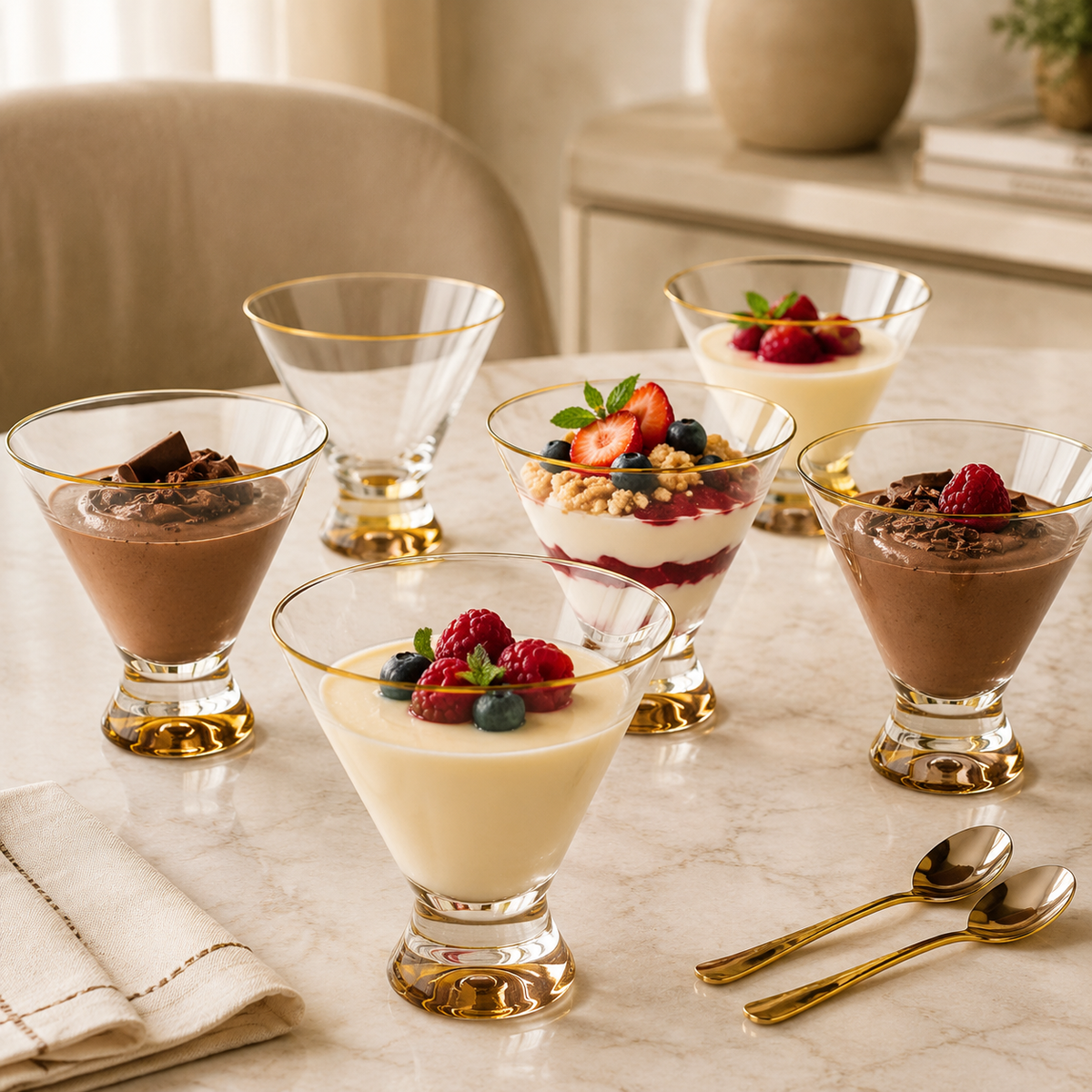 Set Of 6 Dessert Cups With Gold Base And Rim - 4"D X 4"H