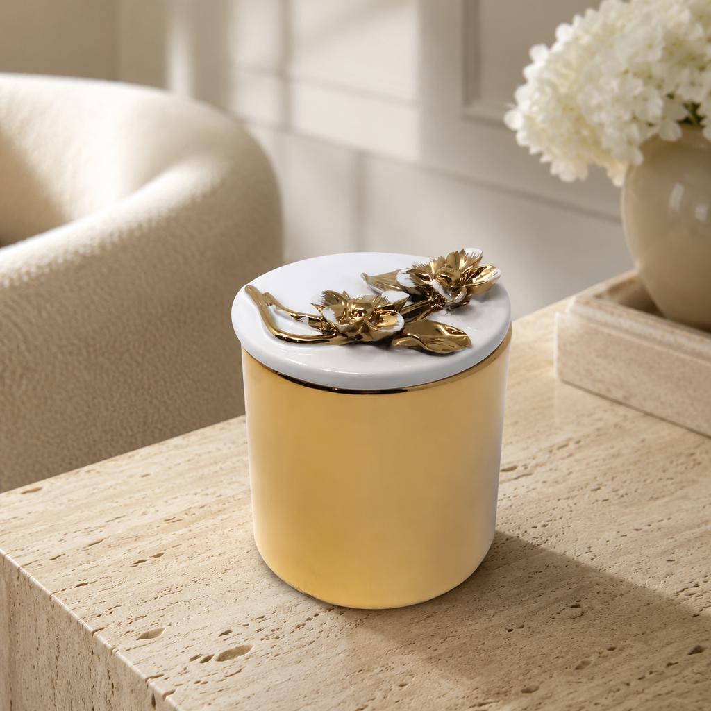 Gold Decorative Candle With Flower Design Lid
