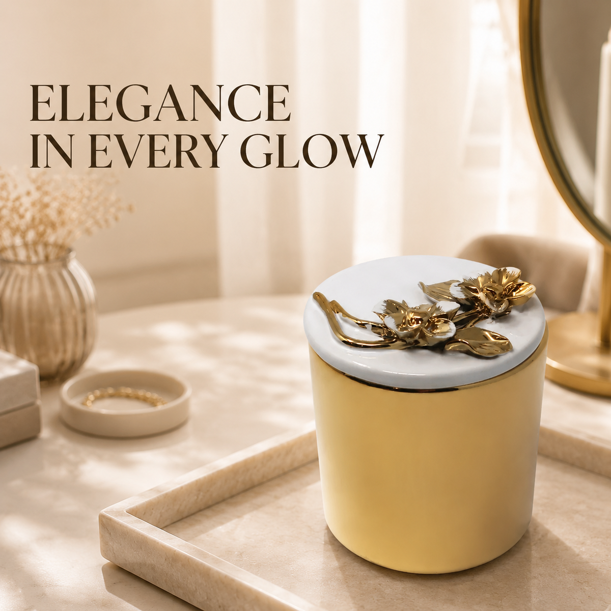 Gold Decorative Candle With Flower Design Lid