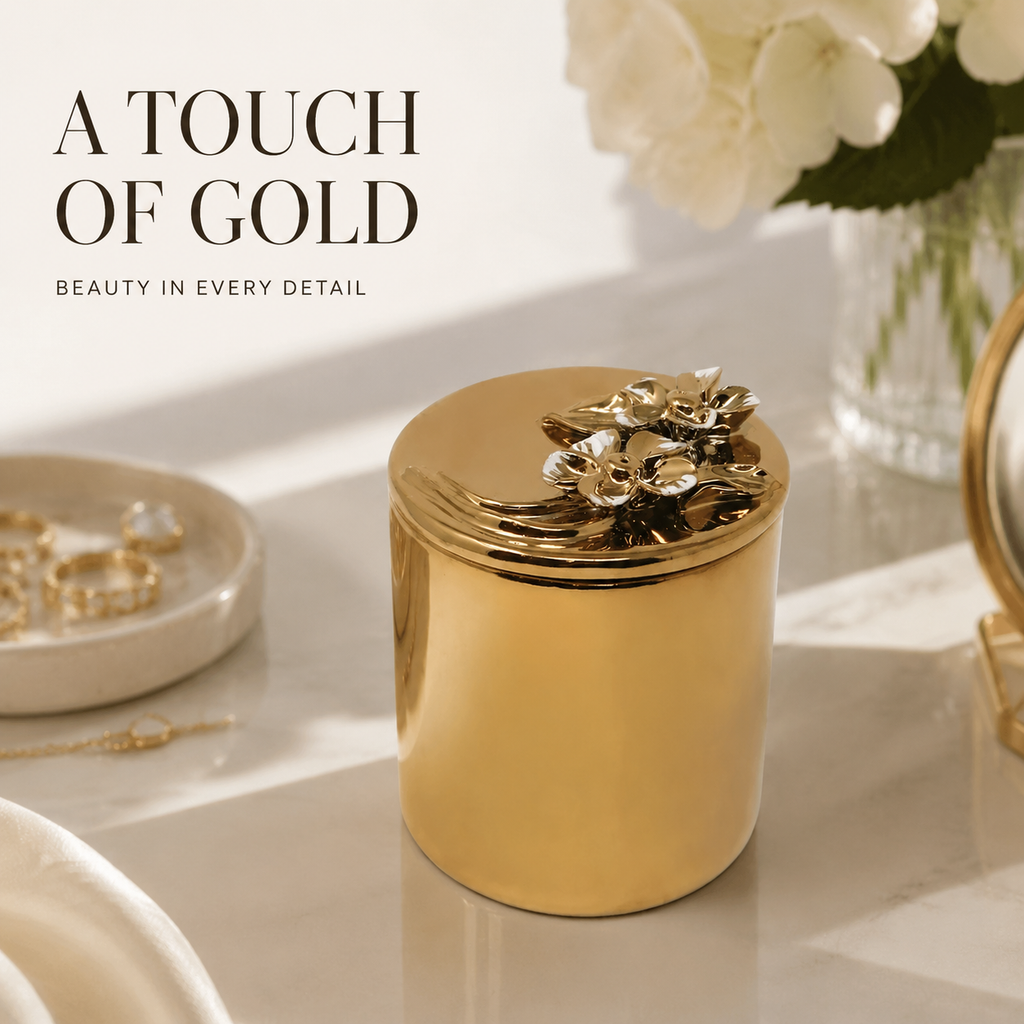 Gold Decorative Candle With Flower Design Lid
