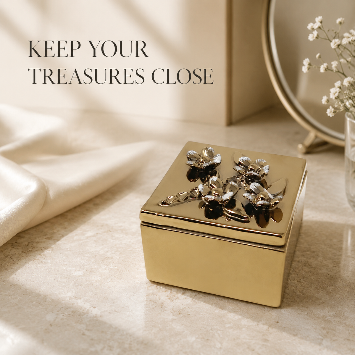 Square Gold Decorative Box With Flower Design on the Lid