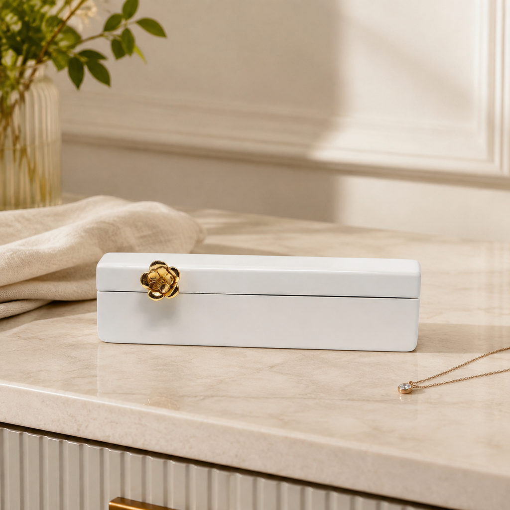 Rectangular White Wood Decorative Box with Gold Flower Detail