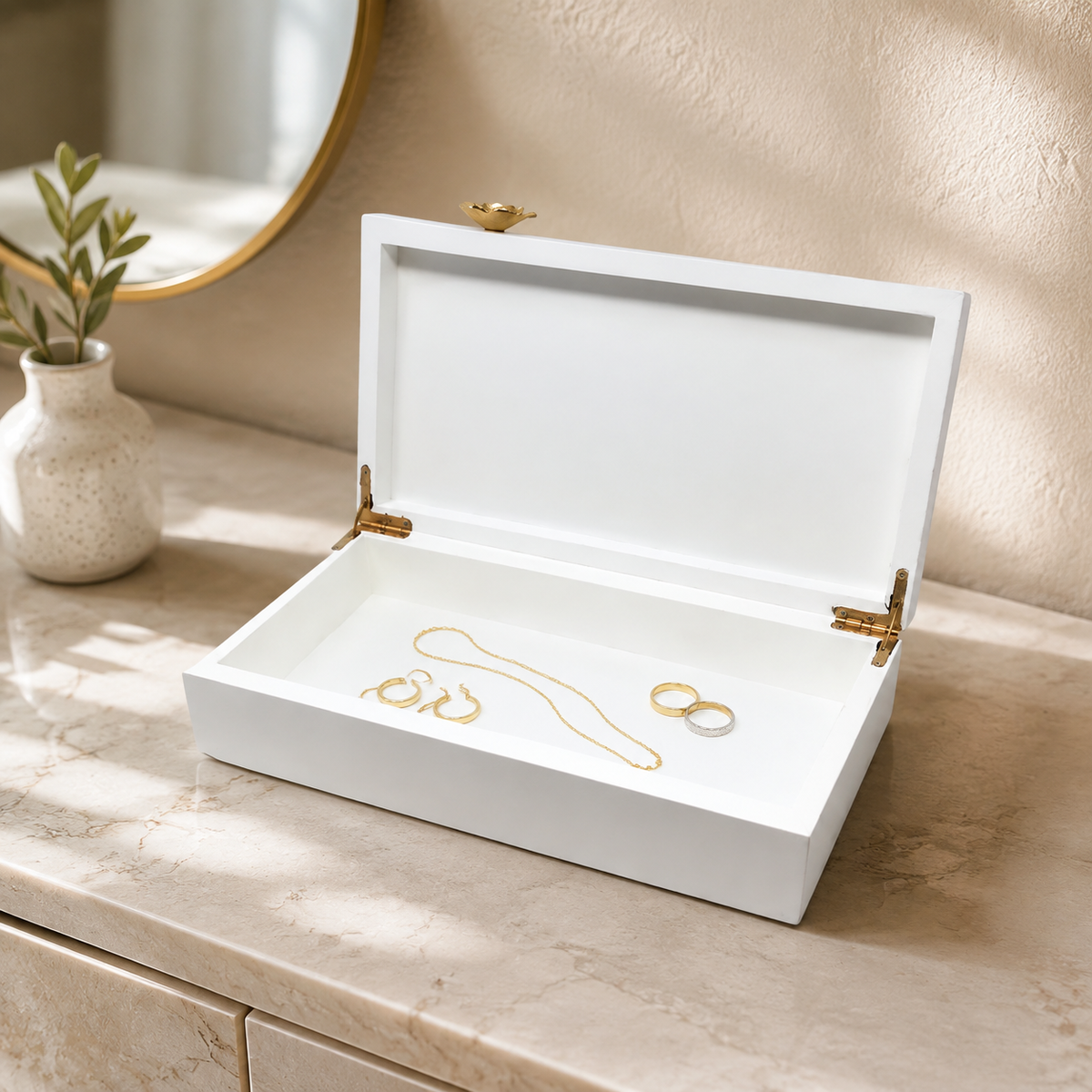 Rectangular White Wood Decorative Box with Gold Flower Detail