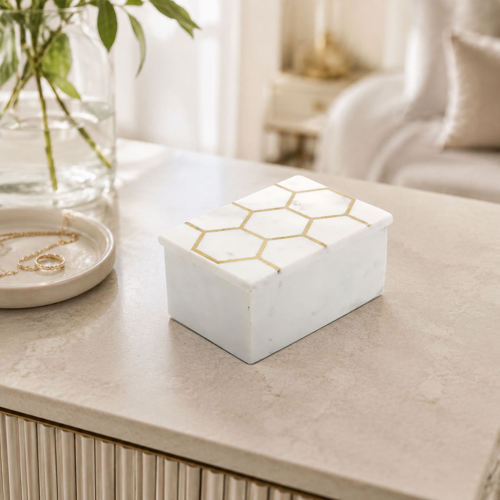 White Marble Decorative Box W/ Gold Hexagon Design On cover