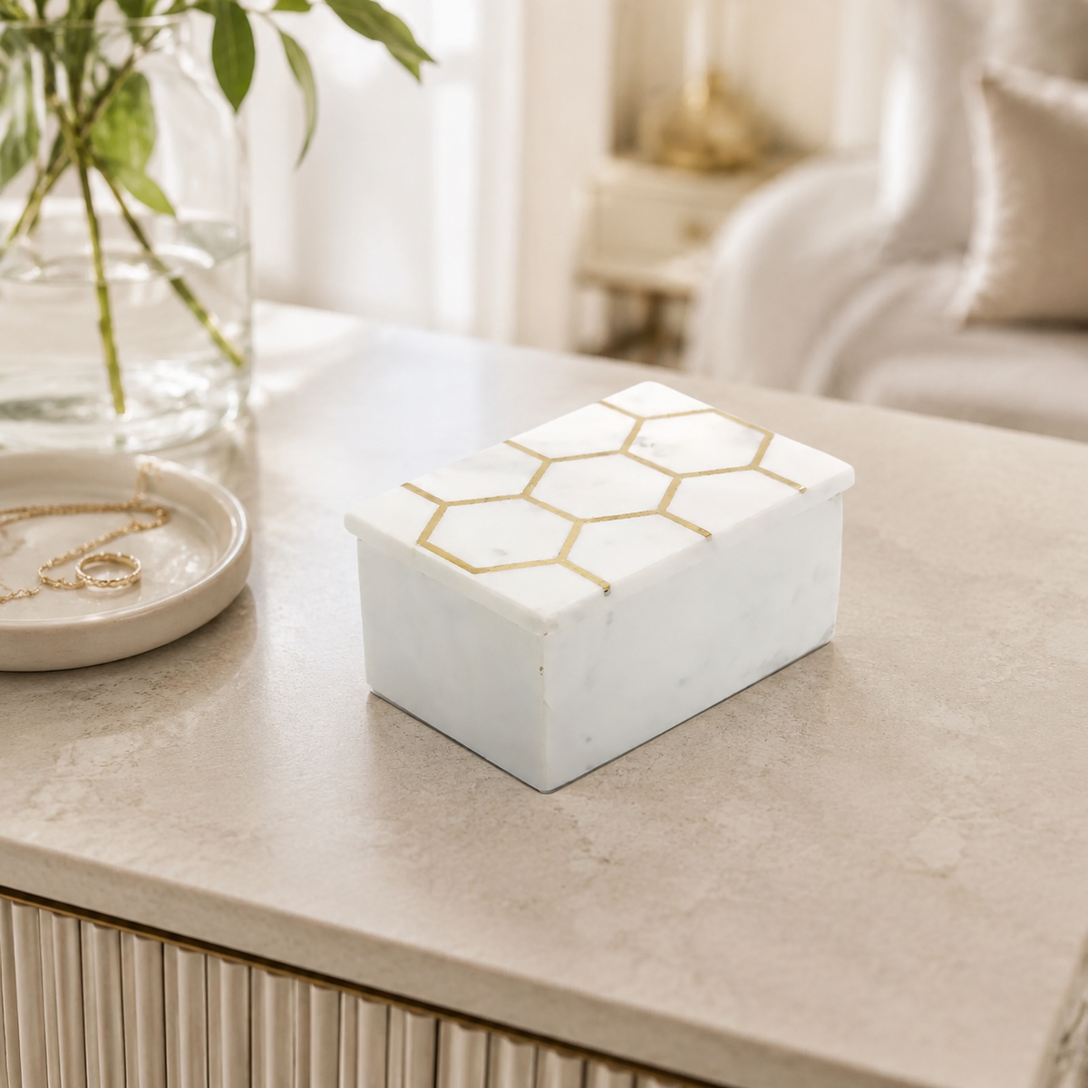 White Marble Decorative Box W/ Gold Hexagon Design On cover
