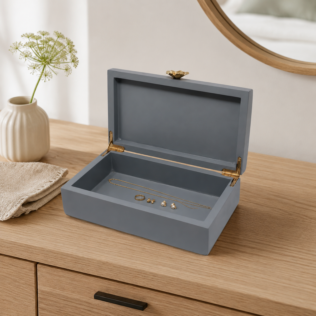 Grey Wood Decorative Box with Gold Flower Opener