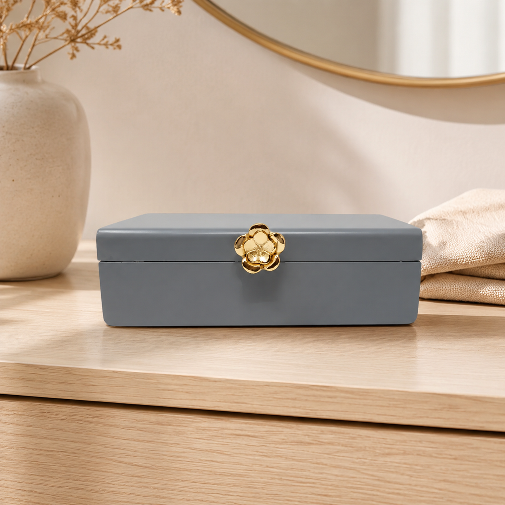 Grey Wood Decorative Box with Gold Flower Opener
