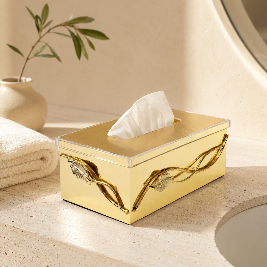 Gold Tissue Box with Leaf Design and Clear Cover