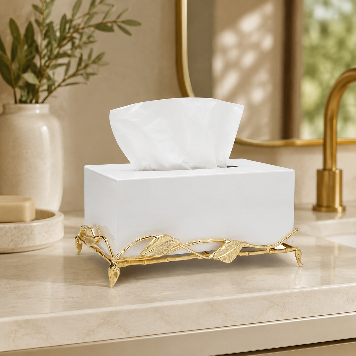 White Tissue Box on Gold Leaf Design Base