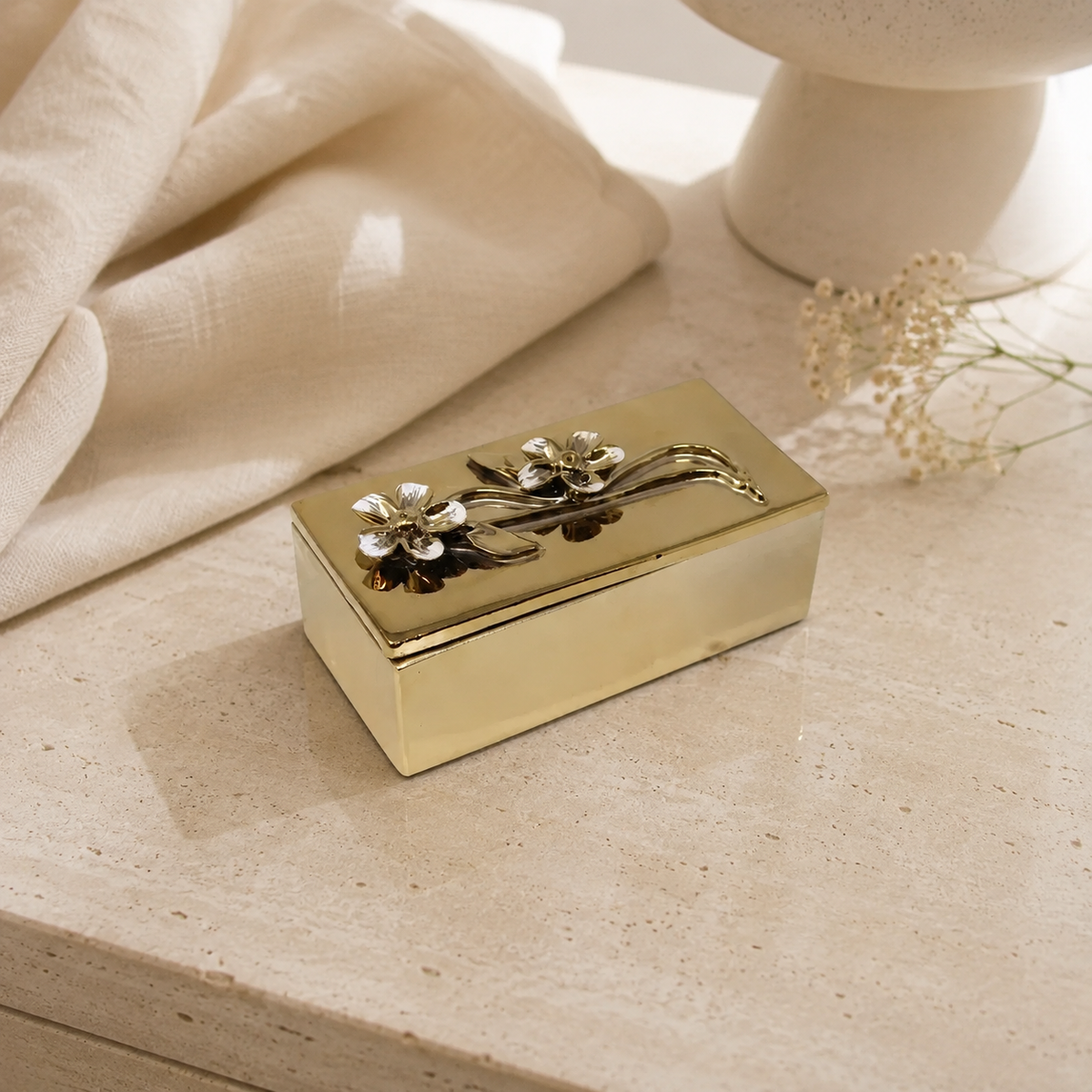 Oblong Gold Decorative Box With Flower Design Lid