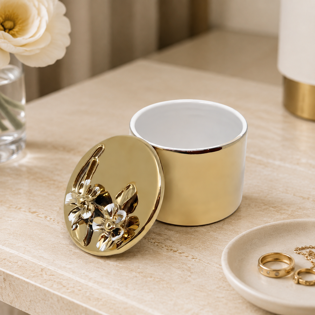 Round Gold Decorative Box With Flower Design Lid