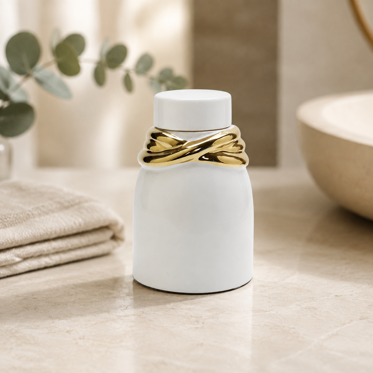 White Ceramic Jar with Lid and Gold Details