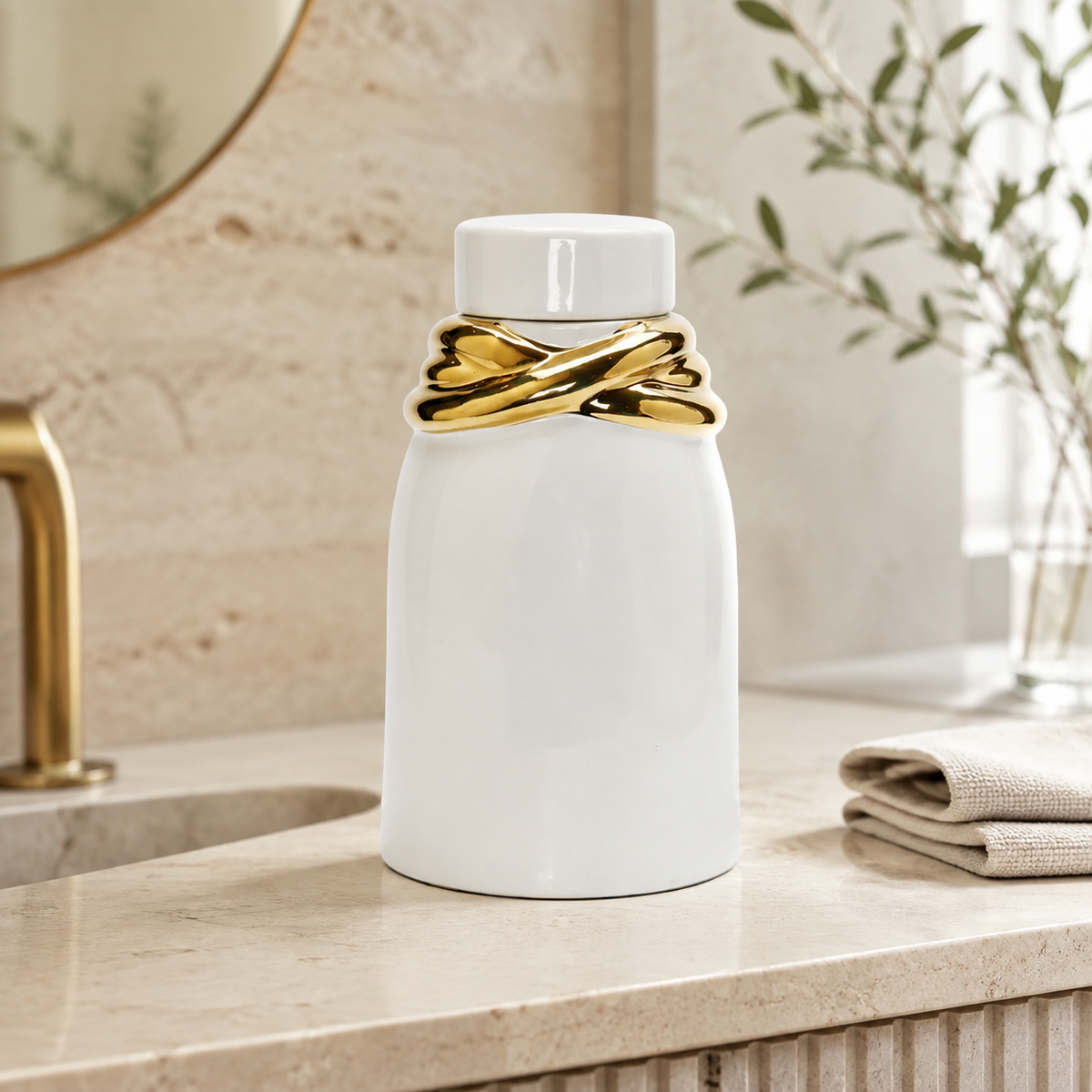 White Ceramic Jar with Lid and Gold Details
