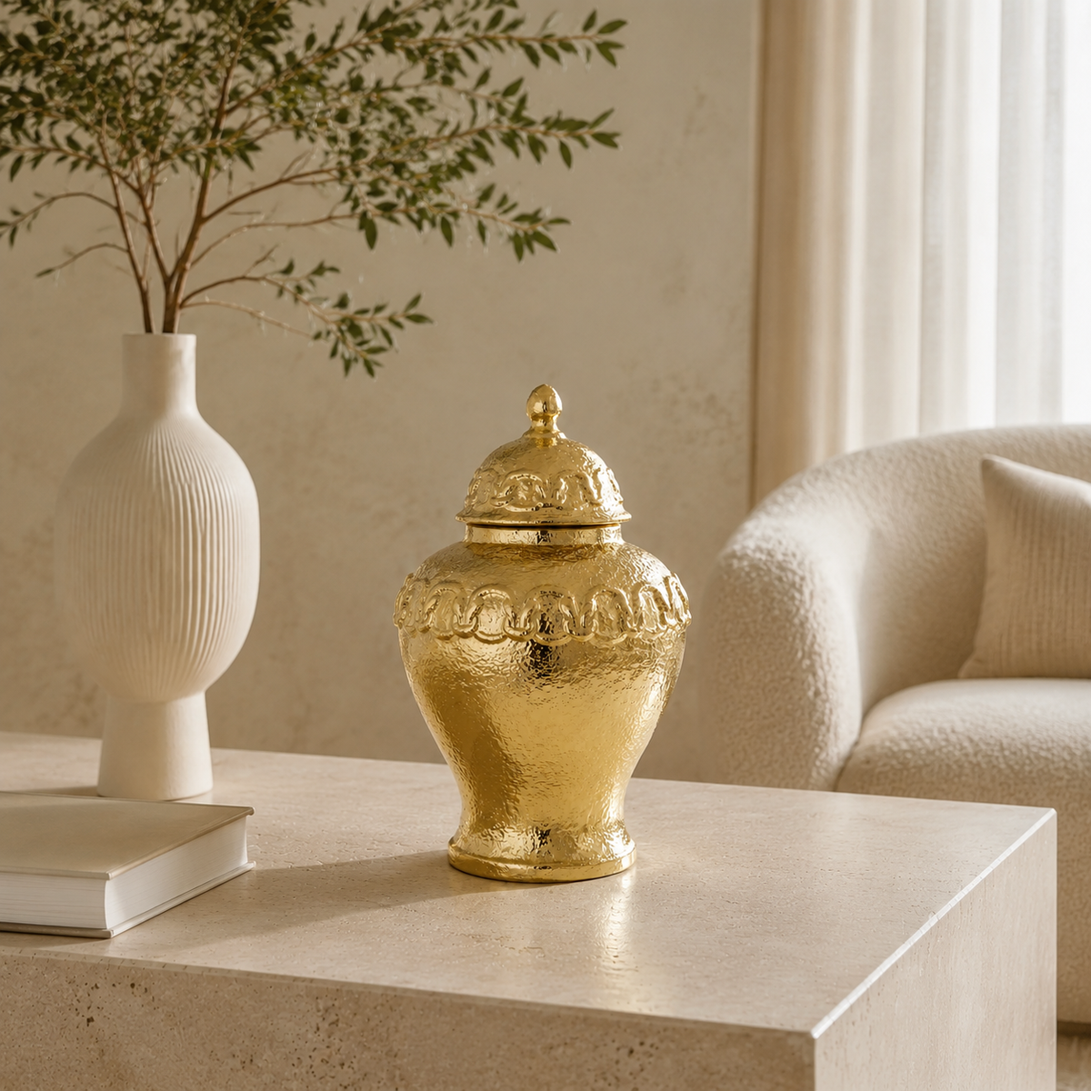 Gold Ginger Jar with Gold Chain Detail