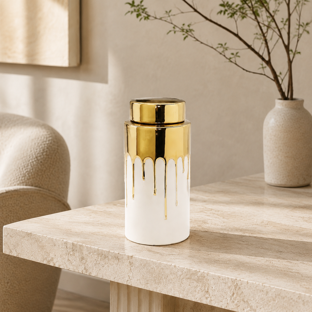 White Jar with Gold Cover and Drip Design