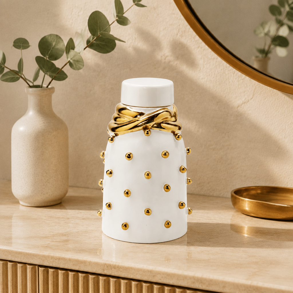 White Ceramic Jar with Gold Elegant Detail and Studded