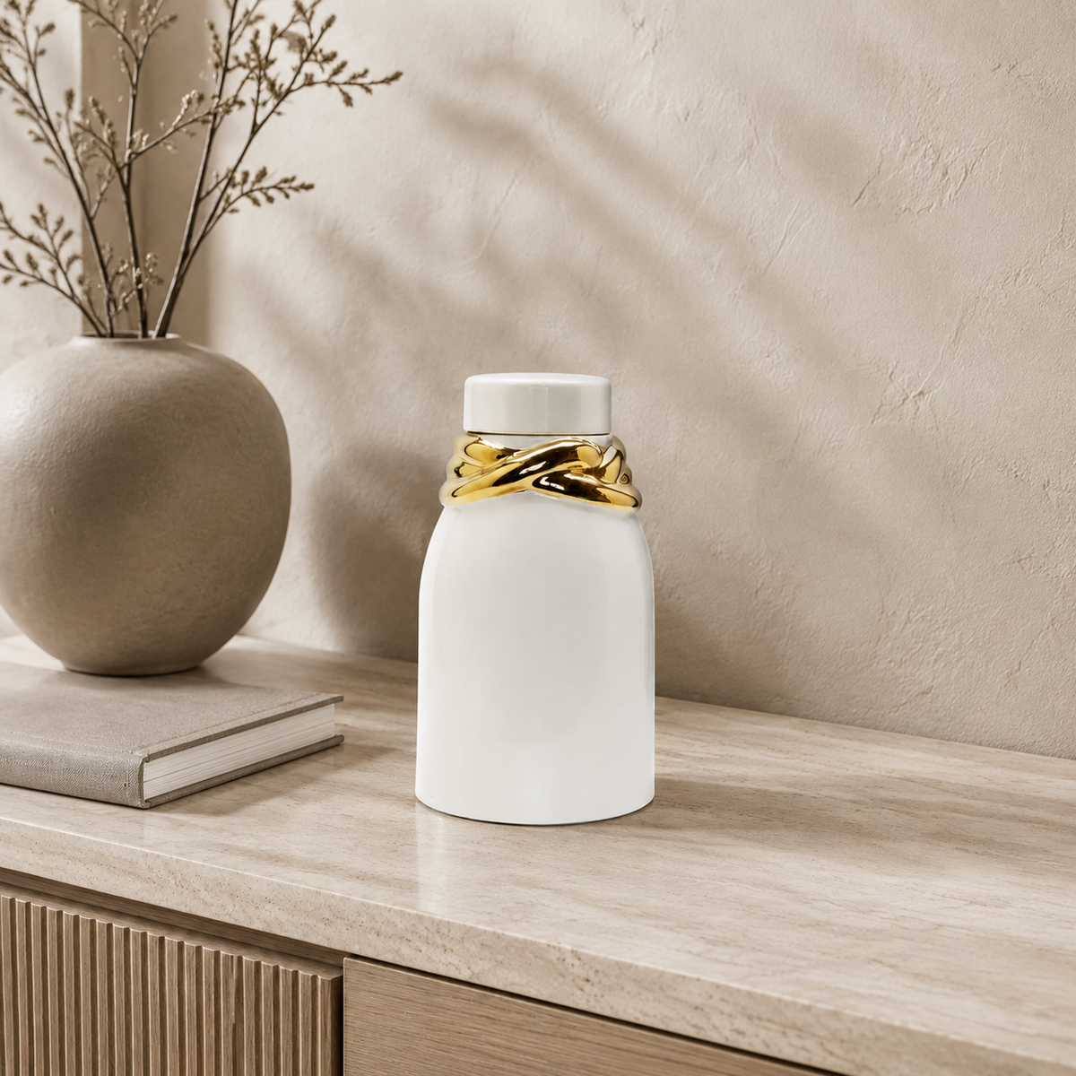 White Ceramic Jar with Lid and Gold Details